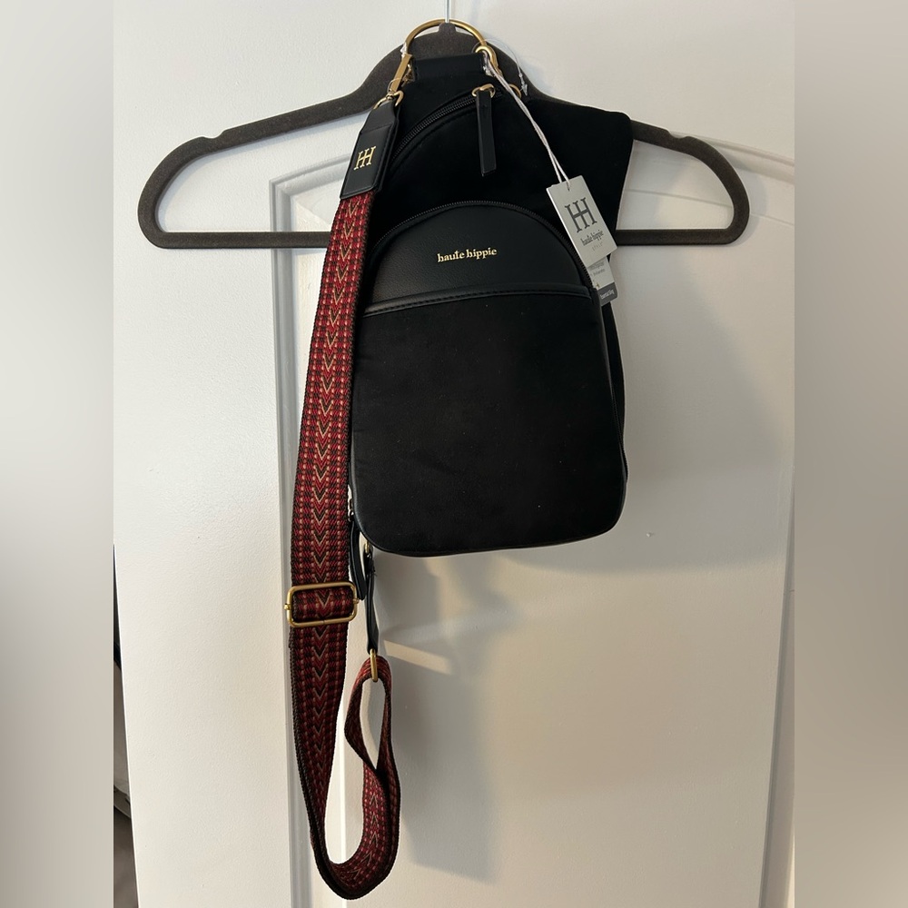 Haute Hippie Essential Sling black faux suede feel with burgundy strap